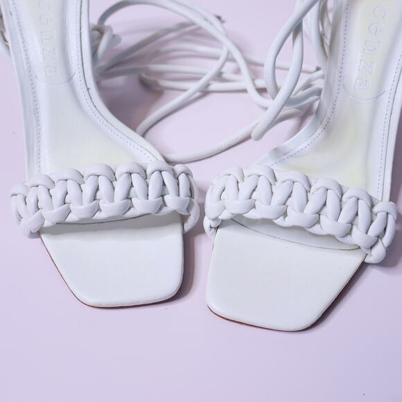 VICENZA Woven Ankle Lace Sandals White Open Square Toe Heel Women's 7 - Picture 2 of 9